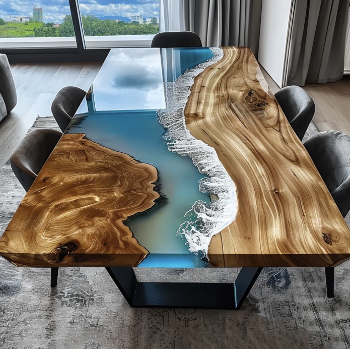 Onda table in elm with ocean resin and white foam, in a dining room