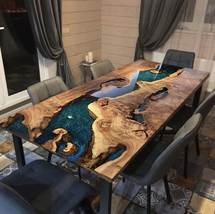 River table in burl with emerald green resin